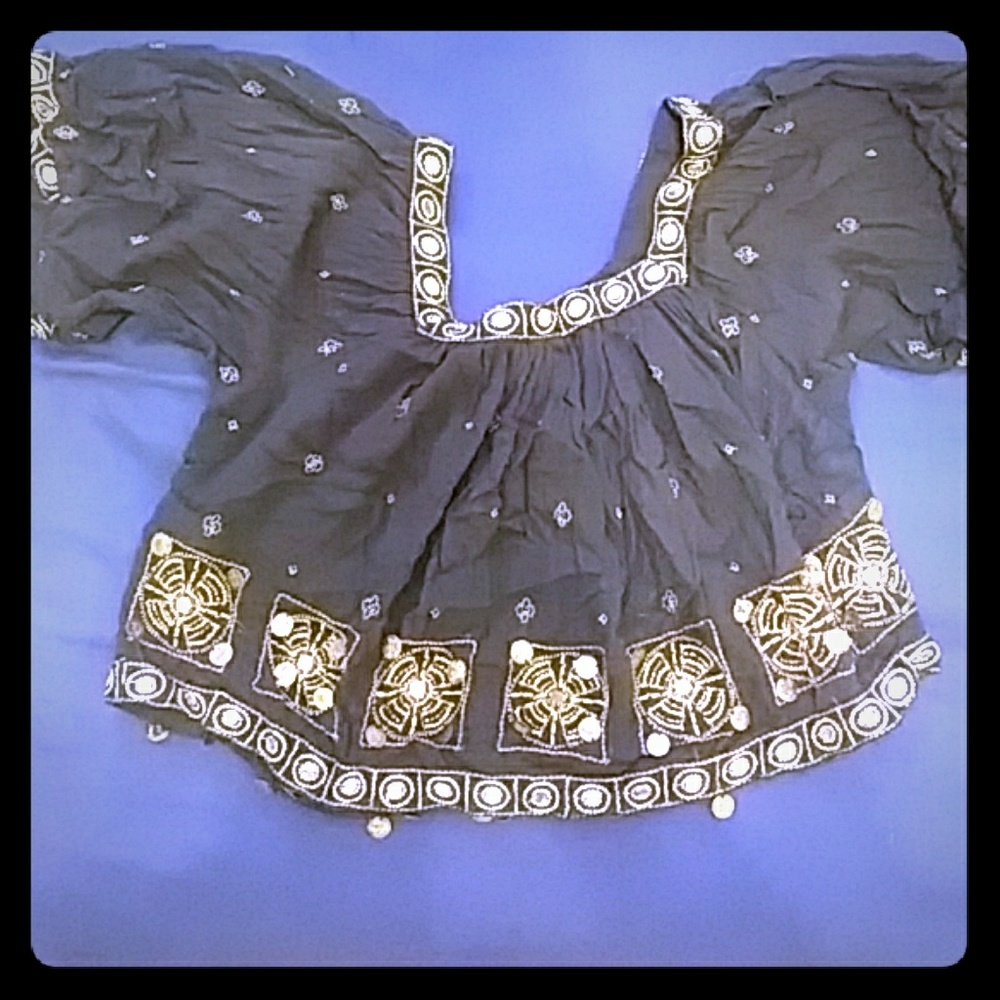 Black crop top with golden accents